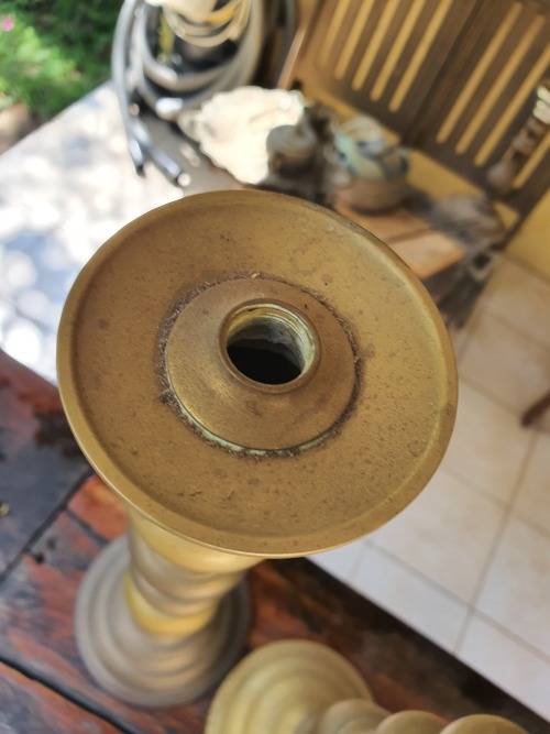 PAIR TALL BRASS CANDLE STICK HOLDERS WITH DETAIL COULD BE CONVERTED TO LAMP BASES?