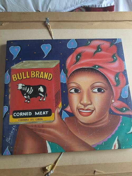 STUNNING VINTAGE SIGNED BLANCHARD `99 NAIVE AFRICAN WOMAN WITH BULL BRAND TIN CANVAS PAINTING