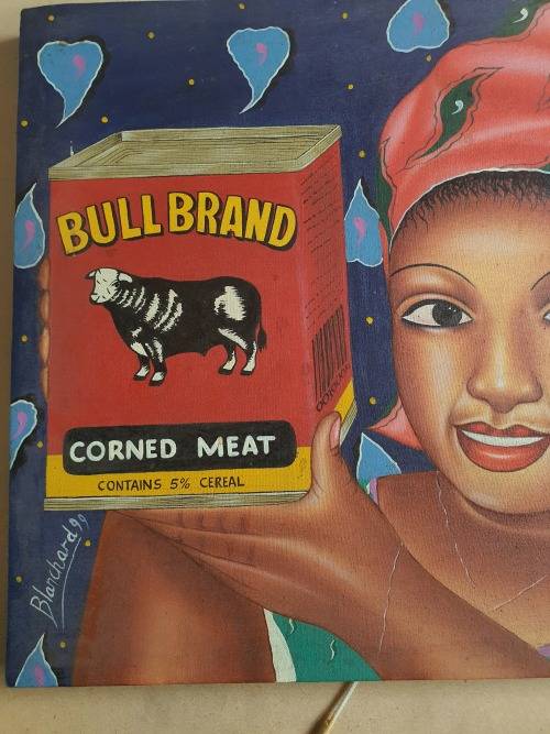 STUNNING VINTAGE SIGNED BLANCHARD `99 NAIVE AFRICAN WOMAN WITH BULL BRAND TIN CANVAS PAINTING