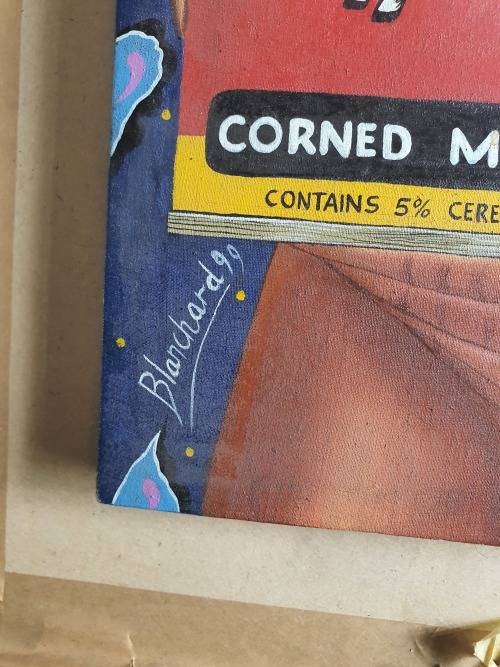 STUNNING VINTAGE SIGNED BLANCHARD `99 NAIVE AFRICAN WOMAN WITH BULL BRAND TIN CANVAS PAINTING