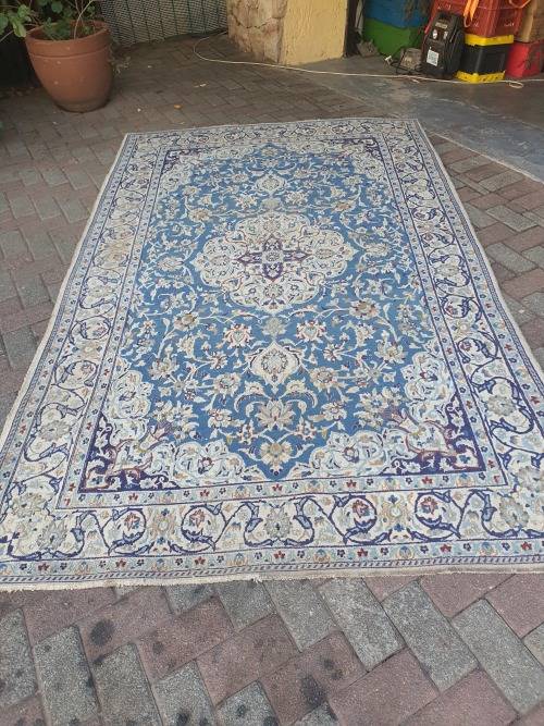 Nicely sized Persian Nain?, finely hand knotted  vintage cream, blue carpet rug,  charming even wear