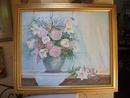 FRAMED & SIGNED R COX ORIGINAL ACRYLIC/OIL ON BOARD OF STILL LIFE FLOWERS IN VASE