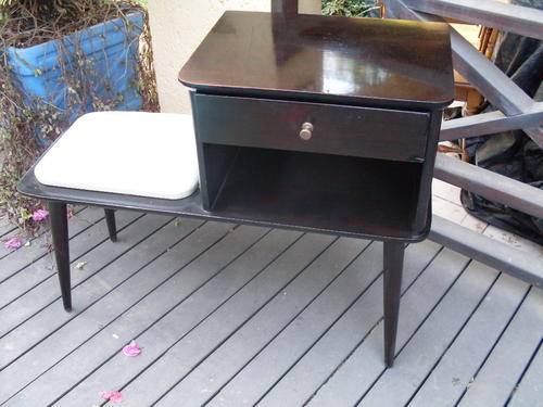 BACK TO THE FUTURE....RETRO DARK STAINED MAHOGANY TELEPHONE TABLE WITH WHITE VINYL SEAT. SO TYPICAL