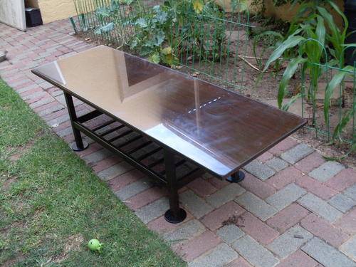 RETRO MAHOGANY COFFEE TABLE WITH SLATES AND GLASS TOP