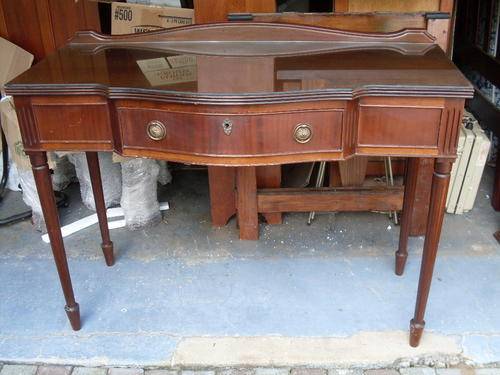 DARE I SAY "REGENCY STYLE" VINTAGE MAHOGANY VENEER CONSOLE TABLE WITH DRAWER & GLASS TOP