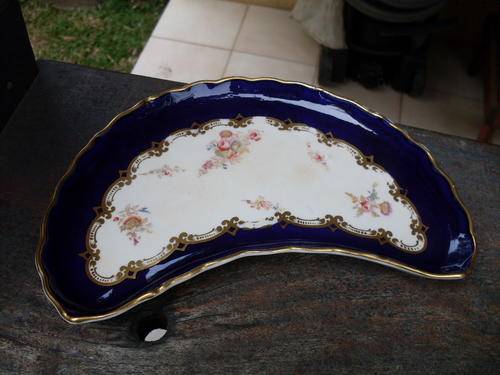COALPORT CRESCENT SHAPED SERVING / SIDE DISH COBALT BLUE GILT WITH ROSE + FLORAL DETAIL