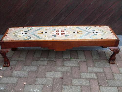 RATHER INTERESTING (MODIFIED) SOLID VINTAGE / ANTIQUE WOOD BASED BENCH / TABLE ADDED MOSAIC TOP.