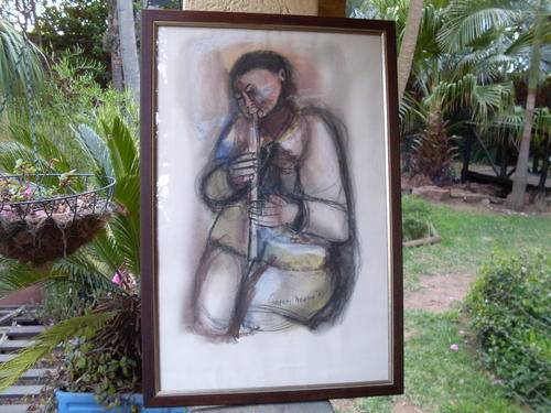 SOWETO BORN ARTIST GODFREY NDABA VINTAGE 1980 FRAMED MIXED MEDIA MAN PLAYING AN INSTRUMENT