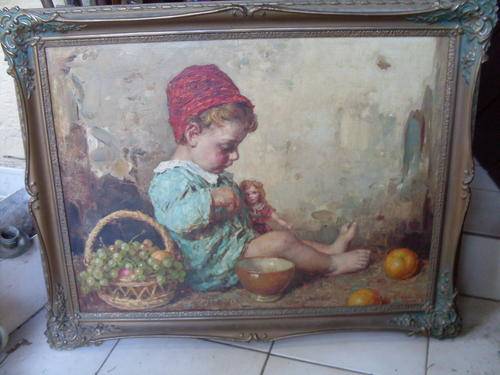 BEAUTIFUL FRAME WITH LARGE ORIGINAL OIL CANVAS  ITALIAN ARTIST LUIGI AMATO 1898-1961 CHILD DOLL ETC