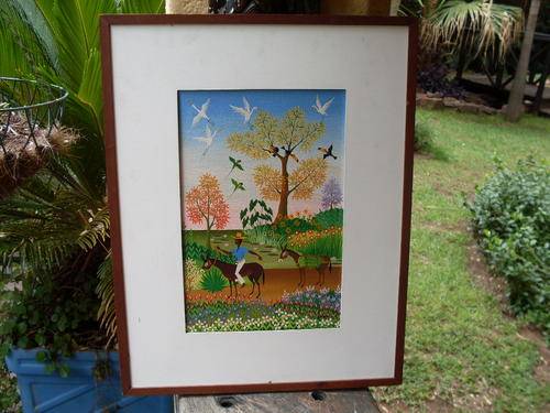 STUNNING FRAMED BRAZILIAN ARTIST D VANNI (NAIVE ART) DONKEYS, MAN, BIRDS TREES ETC. BRIGHT COLOURS