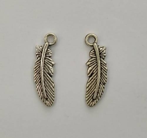 10 x Silver Feather Charms, detail on both sides. 23mm x 7mm, hole 2mm.