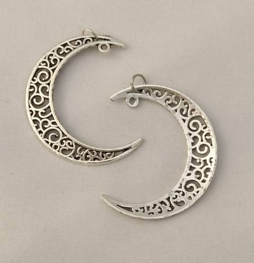 10 x Crescent Moon Pendants with Jump Ring, Silver Alloy 40mm x 30mm