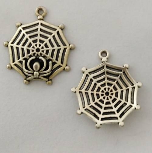 2 x Spider Web Pendants, Antique Silver, 30mm x 27mm, hole 2mm