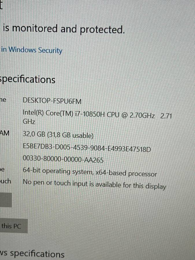 HP ZBOOK FURY 15 G7 | 10th Gen CORE i7-10850H | 32GB RAM | 512GB SSD | 15.6` Full HD | Win10 Pro