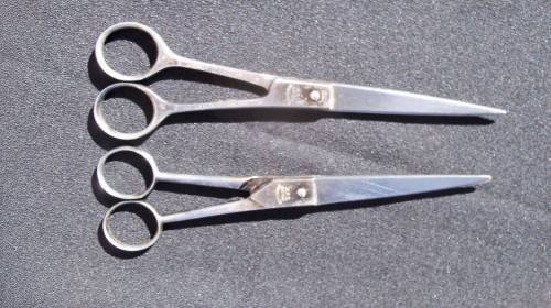 TWO PAIRS OF VINTAGE BLUE DIAMOND 80 BARBER SCISSORS - MADE IN SA BUT THE ONE MARKED WITH GERMAN