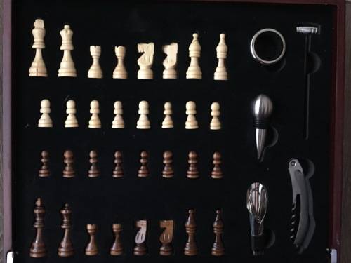 Wooden Chess Set with Wine Box & Wine Accessories