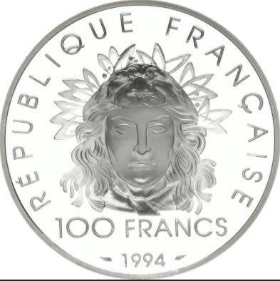 silver, 100 francs, (javelin) Winter Olympics 1896-1996 (in Capsule)
