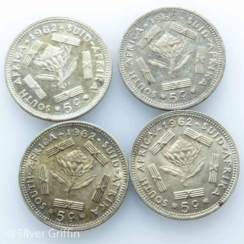 QTY 4 X 1962 SOUTH AFRICA 5 CENTS BID PER COIN TO TAKE ALL