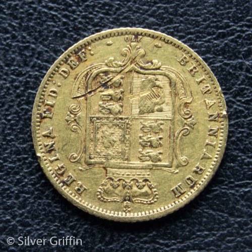 1873  22ct Gold half Sovereign Victoria Young Head Shield
