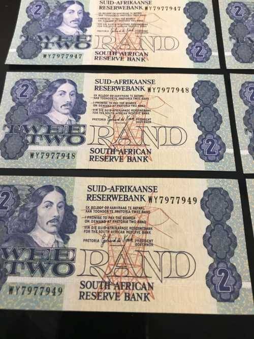 SA RESERVE BANK NOTES TWO RAND. GPC DE KOCK.CONSECUTIVE
