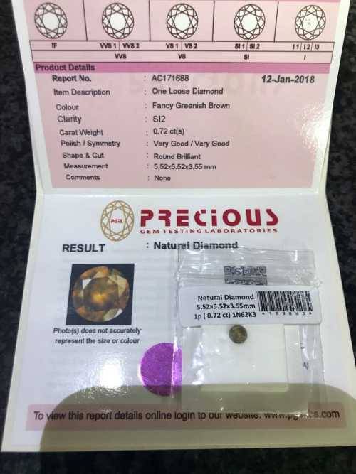 NATURAL FANCY BROWN 0.72ct DIAMONT. CERTIFIED BY PGTL