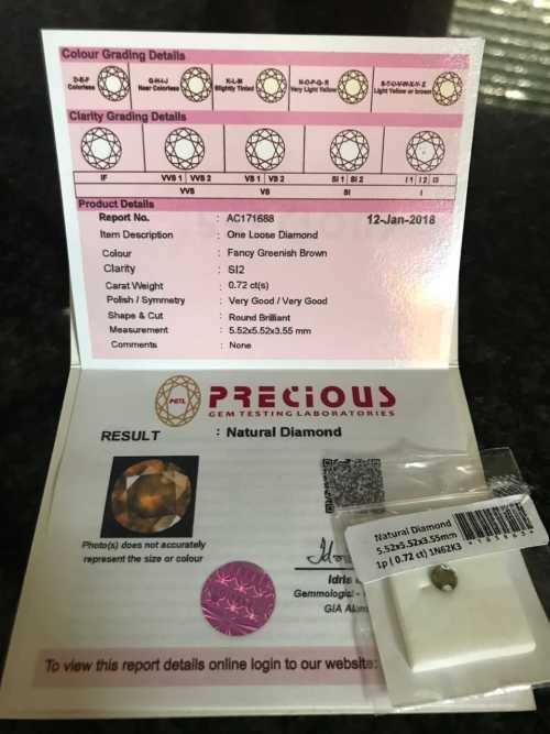 NATURAL FANCY BROWN 0.72ct DIAMONT. CERTIFIED BY PGTL
