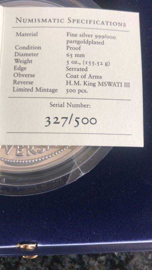 SWAZILAND 30TH ANNIVERSARY COIN 5 OZ 999 SILVER