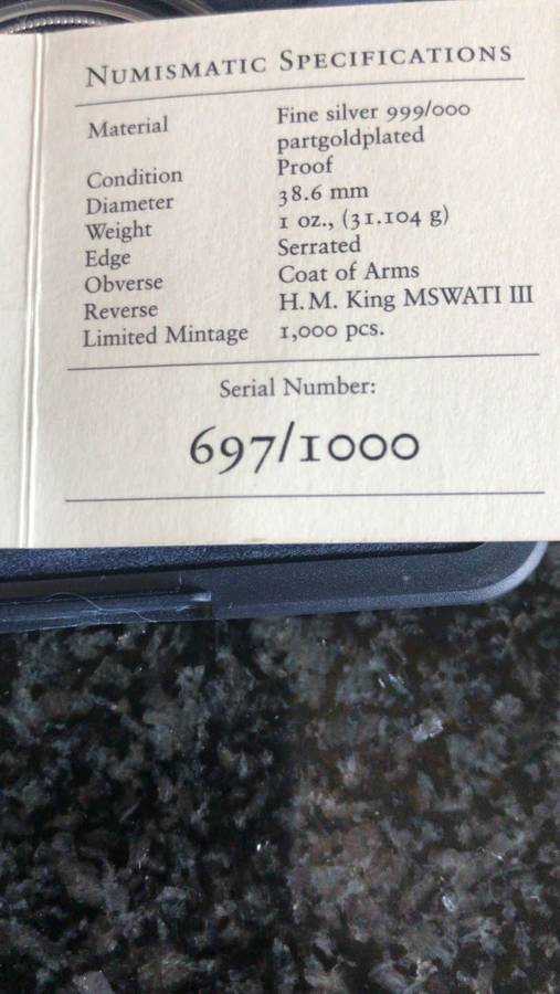 1 oz FINE SILVER 999.SWAZILAND ANNIVERSARY. MINTAGE 1000 pcs.