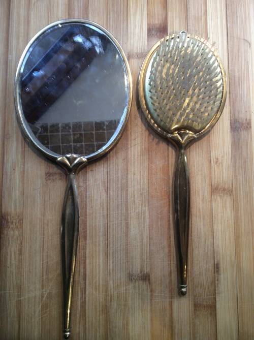 Brass hand mirror and brush set