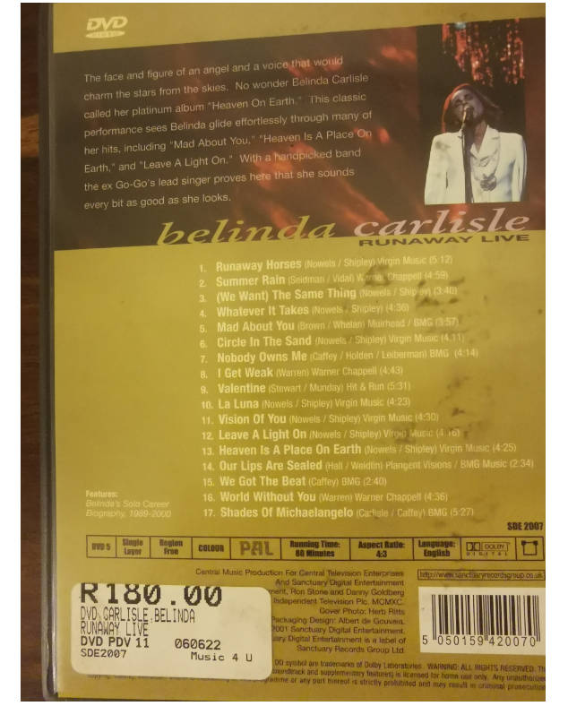 Belinda Carlisle Runaway Live 1990 DVD