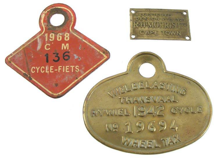 1942 Transvaal Brass Bicycle License - 1925 RH Morris Badge - 1968 Bicycle License!