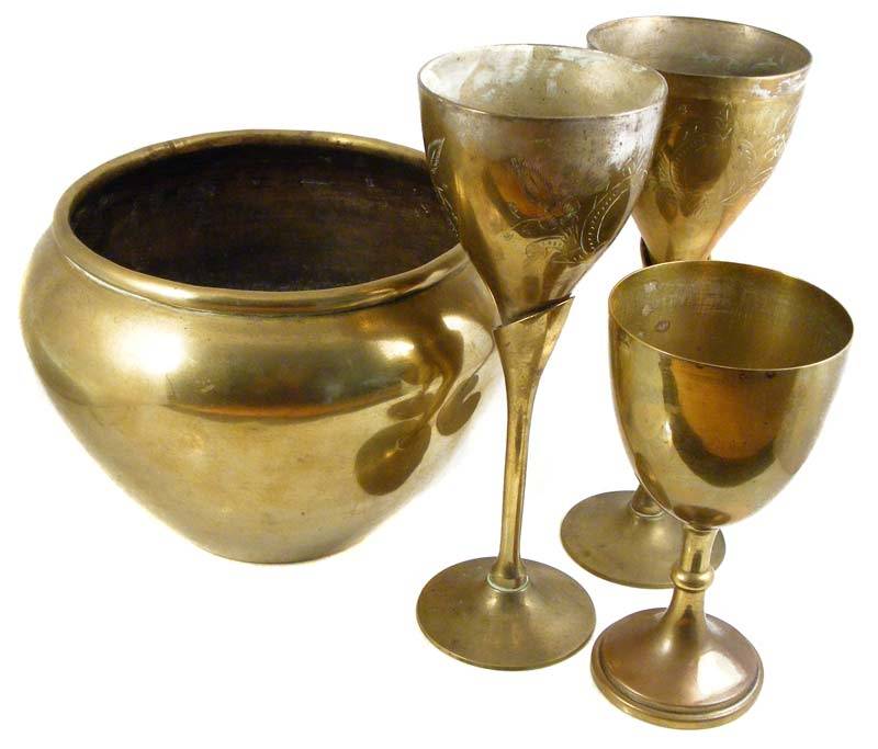 Brass Plated Wine Goblets and Solid Brass Planter Lot