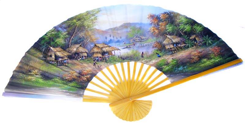 Huge Oriental Fan - Handpainted on canvas - Village scene - 155cm wide! Chinese/Japanese collectors!