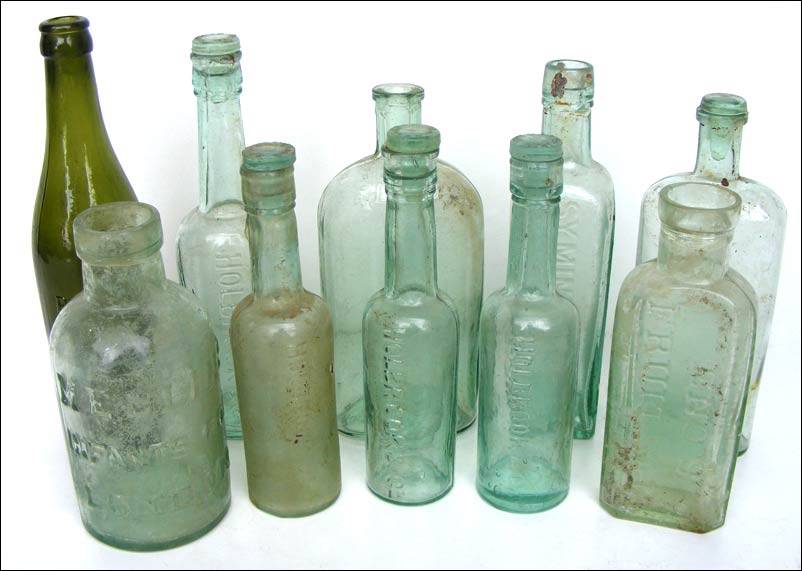 Collection of 10 Antique bottles -Ohlsson's - Holbrooks, Enos, Scrubbs, Symington etc. - All marked