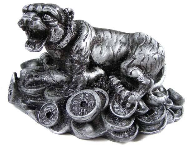 Small Detailed Chinese Money Tiger Statue - Solid resin - as new condition - old silver finish
