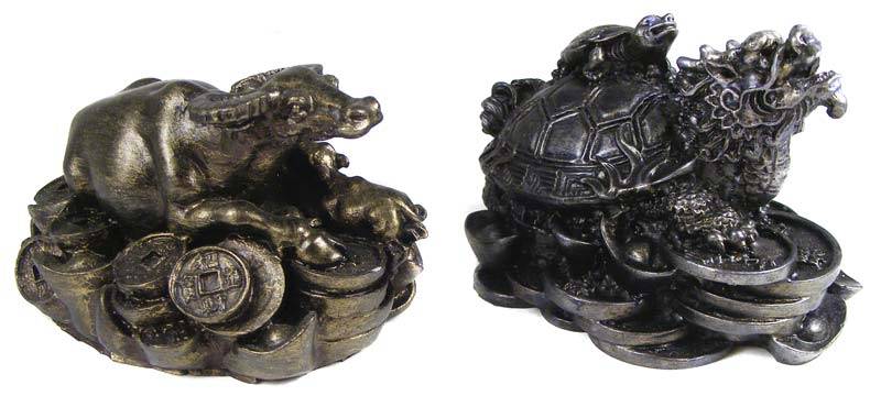 Chinese Money Turtle and Bull fugurines - Solid antiquated resin - as new