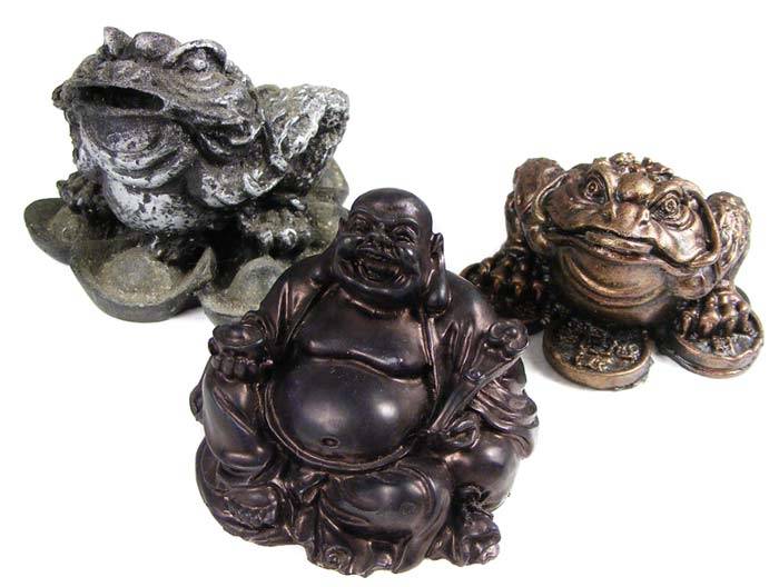 Chinese Money frogs and laughing Buddha fugurines - Solid antiquated resin - as new