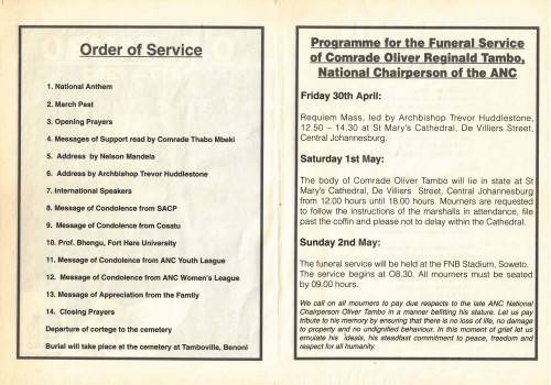 Programme for the Funeral Service of Comrade Oliver Reginald Tambo, ANC. c1993