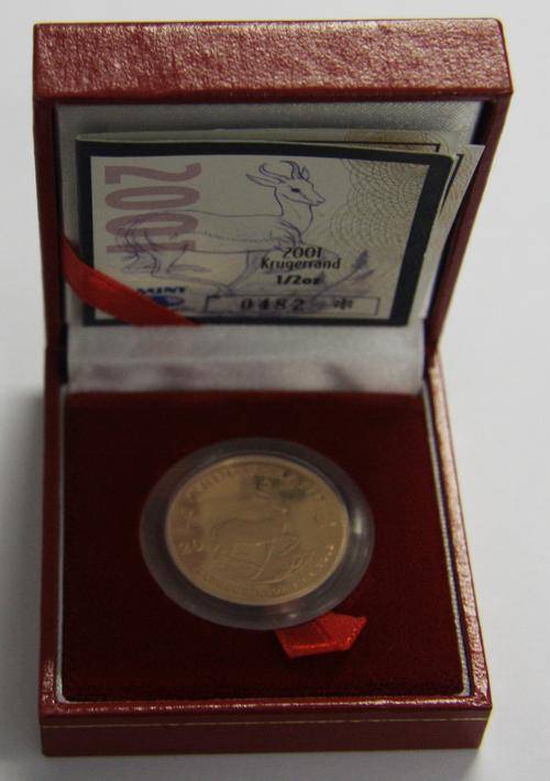 2001 Proof Kruger Rand 1/2 oz no 482 of 2500 in red Leatherette case