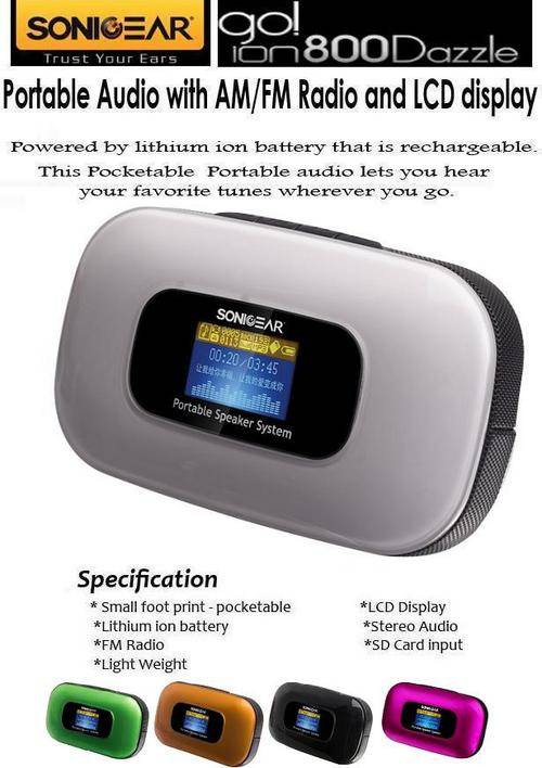 SonicGear Go! Ion 800 Dazzle-Pocketable Audio with SD Card Slot , FM Radio and LCD display-White