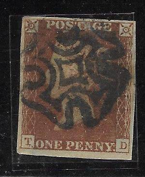 GREAT BRITAIN  2 x 1d  RED  MALTESE CROSS CANCEL  NO. 4/7