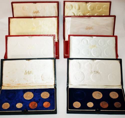 8 X ORIGINAL SAM MINT BOXES WITH COINS IN !( PLEASE READ DESCRIPTION)