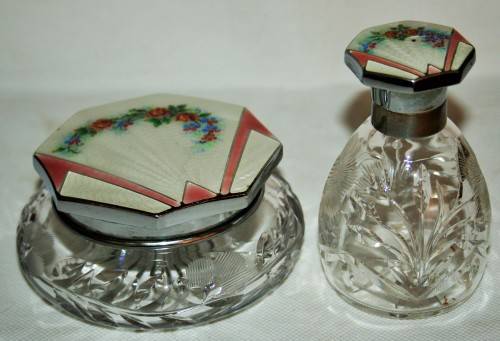 *RARE* ANTIQUE RARE GUILLOCHE ENAMEL AND CRYSTAL POWDER BOX WITH SCENT BOTTLE !