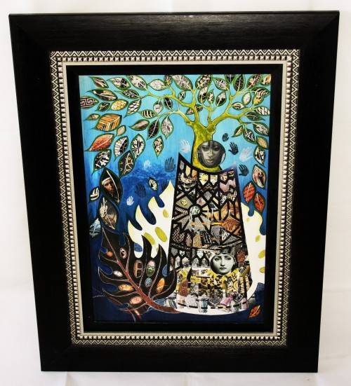 *PAINTING*LARGE FRAMED MIXED MEDIA PAINTING WITH OILS AND PAPER , SIGNED ER 10