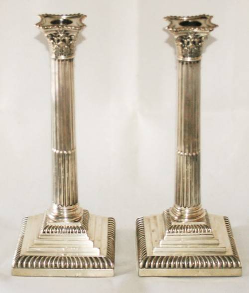 *HENRY STRAT*A SCARCE PAIR OF TALL HALLMARK SILVER SHEFFIELD CORINTHIAN PILLAR CANDLESTICKS!! R18500