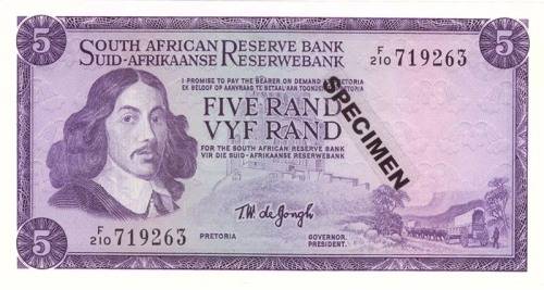 T W de JONGH  FIVE RAND SOUTH AFRICAN BANK NOTE 1st ISSUE