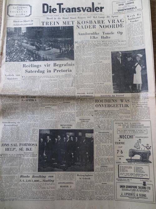 Original Newspaper 1958 "Trein met kosbare vrag nader noorde met Eerste Minister J.G Strijdom"