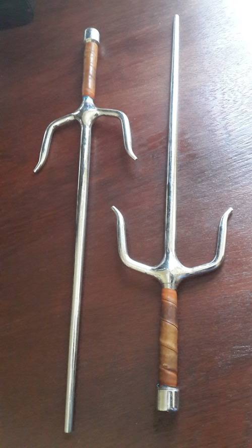 Pair of Sai Octagon solid chrome Steel Daggers with Brown leather wrapped handles