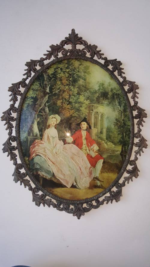 Large Vintage Oval Filigree Ornate Victorian Silk Print Wall Brass Frame of Romantic couple