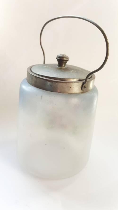 ANTIQUE GLASS BISCUIT JAR HAND PAINTED METAL LID & HANDLE